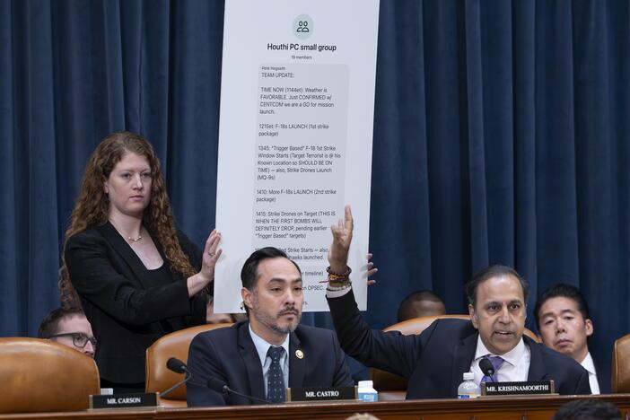 Rep. Raja Krishnamoorthi, D-Ill., (right), joined by Rep. Joaquin Castro, D-Texas, points to a chart displaying a text message by Defense Secretary Pete Hegseth in a group chat that revealed U.S. military plans in Yemen to a journalist, at a House Intelligence Committee hearing Wednesday in Washington.