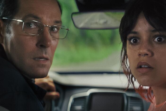 Paul Rudd and Jenna Ortega in <em>Death of a Unicorn</em>.