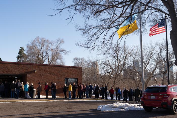People wait in line to attend a Lenten fish fry at the Ukrainian American Community Center in Minneapolis, MN, March 7, 2025. All tips from the event are used to provide humanitarian aid to Ukraine and support recently arrived Ukrainians.