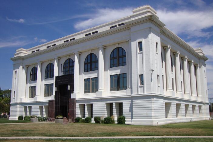 The Barton County Courthouse in Great Bend, Kan. Authorities there say a man was arrested after hiding under a kid's bed.