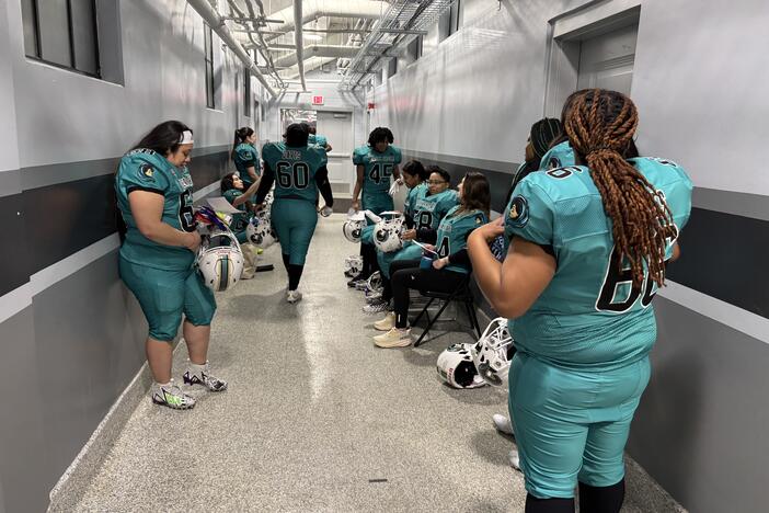 Players for the Jersey Shore Wave inside Hinchliffe Stadium in Paterson, New Jersey where the team will play its home games this season.