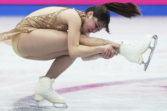 Alysa Liu, of the United States, performs during the women's free skating program at the figure skating world championships in Boston on Friday.
