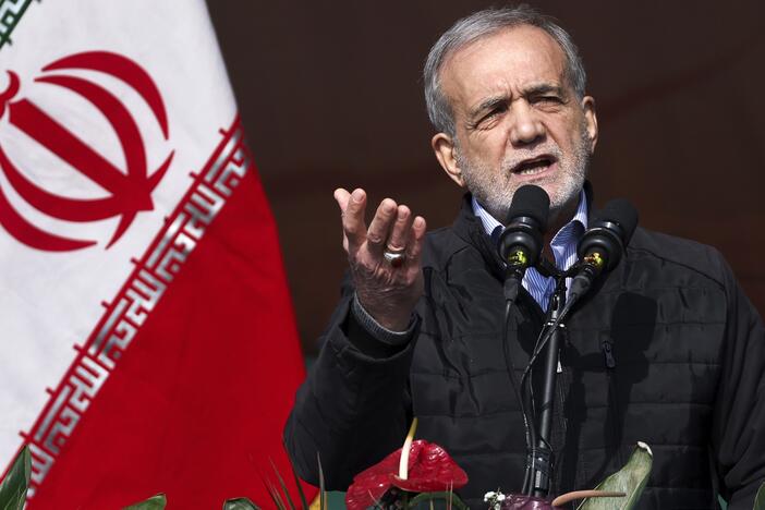 In this photo released by the Iranian Presidency Office, President Masoud Pezeshkian speaks during a rally commemorating anniversary of 1979 Islamic Revolution that toppled the late pro-U.S. Shah Mohammad Reza Pahlavi and brought Islamic clerics to power, in Tehran, Iran, Monday, Feb. 10, 2025.