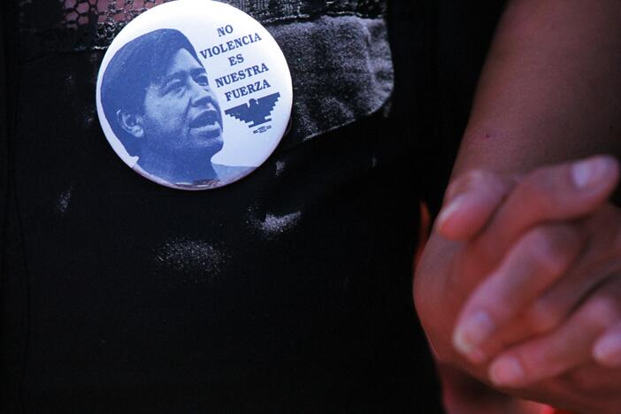 A Cesar Chavez button is seen in El Paso, Texas, during a celebration of the civil rights leader on March 31, 2000.