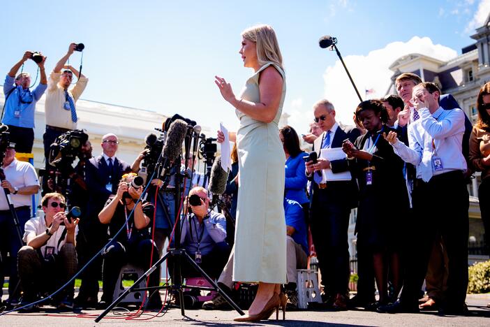 White House press secretary Karoline Leavitt speaks to reporters on the White House driveway on March 31, 2025.