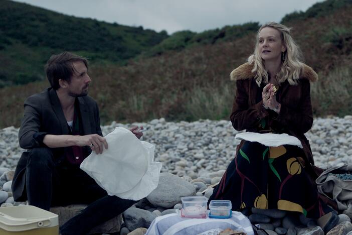 Tom Basden, left, as Herb McGwyer, Carey Mulligan as Nell Mortimer and Tim Key as Charles in <em>The Ballad of Wallis Island.</em>