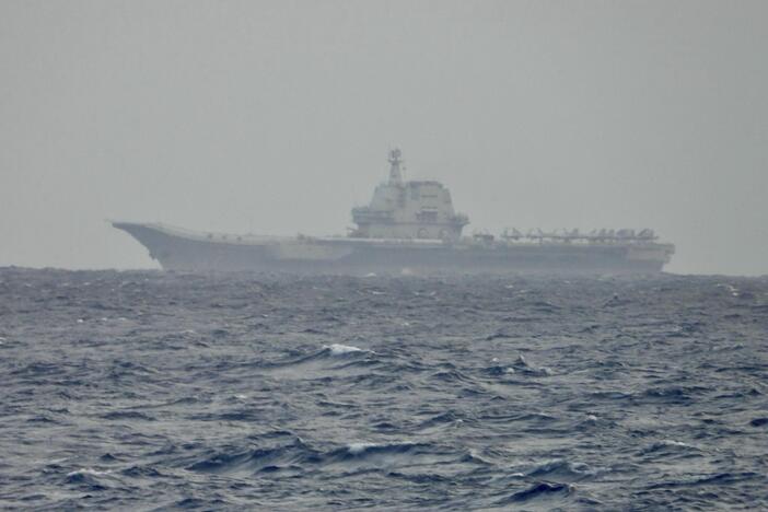 This image released by the Taiwan Ministry of National Defense shows China's Shandong aircraft carrier sailing near Taiwan on Monday, March 31, 2025.