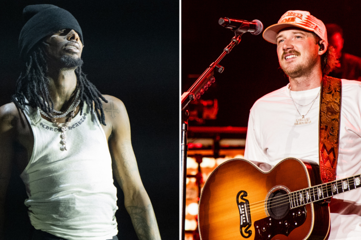 Left: Playboi Carti's supersized blockbuster <em>MUSIC</em> holds at No. 1 on the album chart in its second week of release, but Morgan Wallen (right) breaks a record for songs.