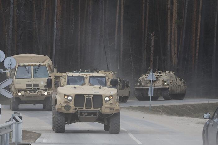 U.S. Army military vehicles, including two M88 Recovery vehicles, were part of recovery efforts for a missing U.S. Army soldier at a training range in Pabradė, Lithuania, on Tuesday.
