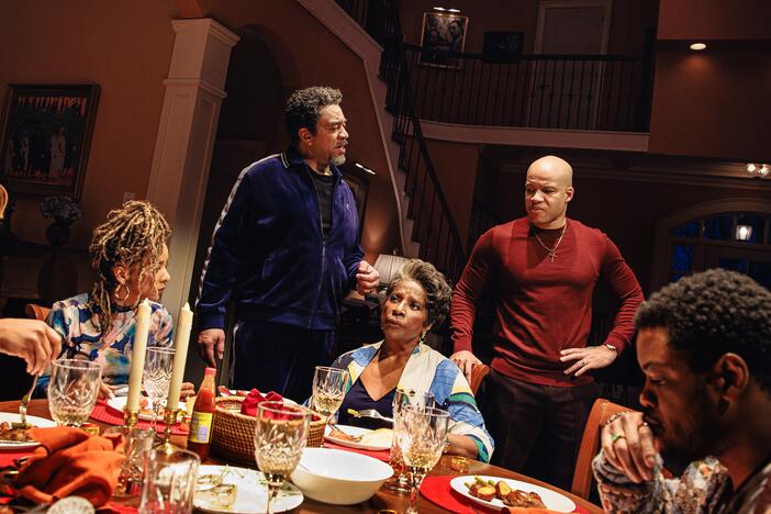 Left to right: Alana Arenas (Morgan), Kara Young (Aziza), Harry Lennix (Solomon), LaTanya Richardson Jackson (Claudine), Glenn Davis (Junior) and Jon Michael Hill (Naz) perform in a Broadway production of the play <em>Purpose</em>, written by Branden Jacobs-Jenkins and directed by Phylicia Rashad.