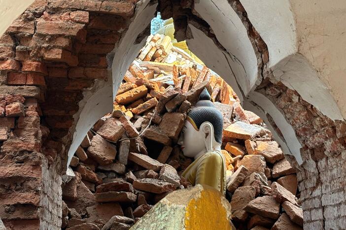 A damaged pagoda is seen in the aftermath of Friday's earthquake in Amarapura township, Mandalay, Myanmar on Wednesday.
