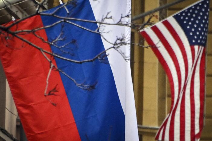 Russian and US flags are seen at the US Embassy in central Moscow on November 5, 2024, on the day of US Presidential election.
