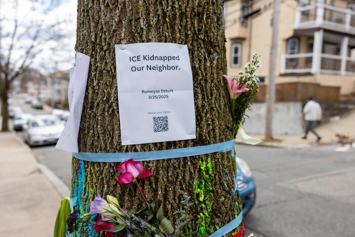 Signage and flowers are placed on a tree next to where ICE agents apprehended Tufts University graduate student Rumeysa Öztürk on March 25 in Somerville, Mass.