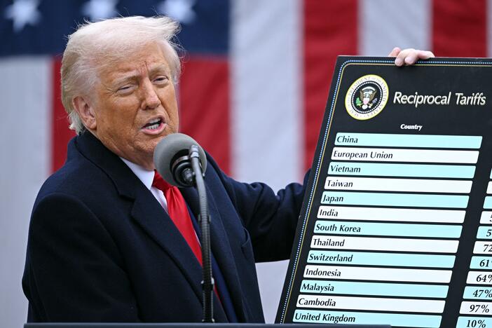 President Trump holds a chart as he delivers remarks on reciprocal tariffs.