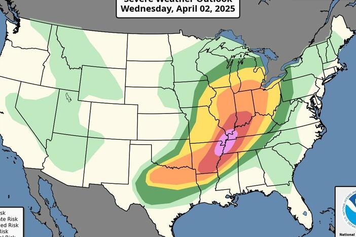 Beginning on Wednesday, a large stretch of the central U.S. from Texas to the Great Lakes is at risk of severe weather, including possible tornadoes and flash flooding.