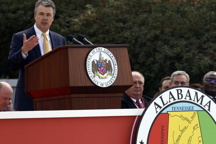 Alabama Attorney General Steve Marshall speaks during inauguration ceremonies on the steps of the state capitol in Montgomery, Ala. on Jan. 16, 2023.