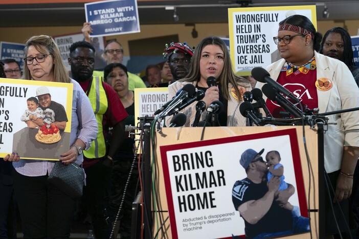 Jennifer Vasquez Sura, the wife of Kilmar Abrego Garcia of Maryland, who was mistakenly deported to El Salvador, speaks during a news conference at CASA's Multicultural Center in Hyattsville, Md., Friday, April 4, 2025.