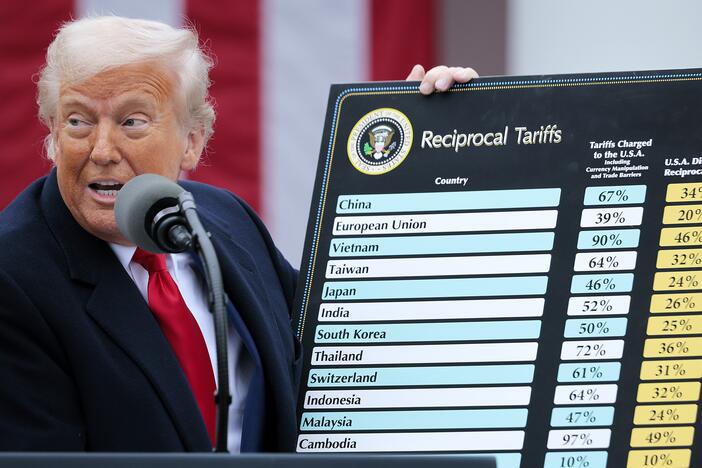 President Trump holds up a chart while speaking during a trade announcement event in the White House Rose Garden on April 2.