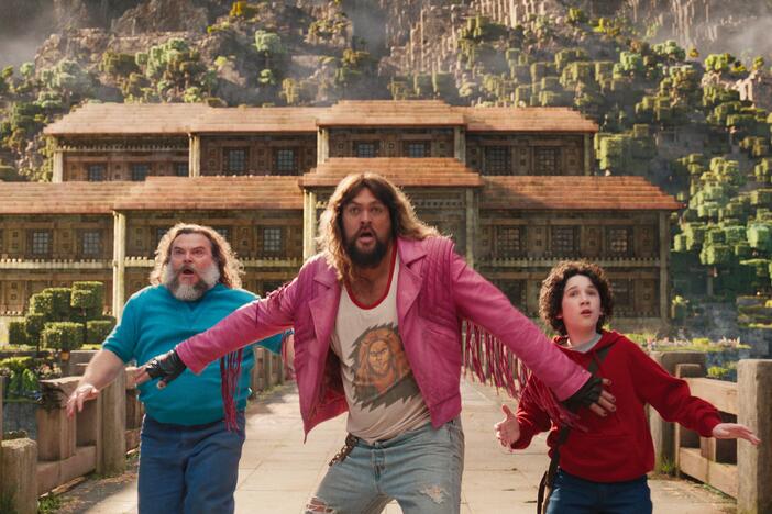 Jack Black as Steve, Jason Momoa as Garrett and Sebastian Hansen as Henry in <em>A Minecraft Movie</em>, out Friday.