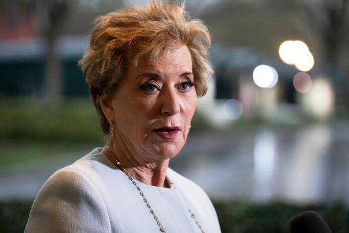Secretary of Education Linda McMahon speaks to reporters at the White House. The Education Department sent a letter to state leaders warning of the potential loss of funds for K-12 schools that don't follow its interpretation of civil rights laws.