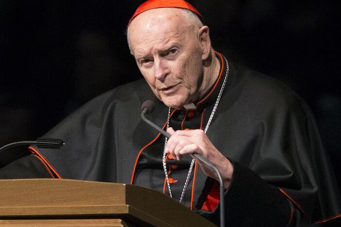Cardinal Theodore McCarrick speaks during a memorial service in South Bend, Ind., on March 4, 2015. The once-powerful Catholic cardinal, who was defrocked by Pope Francis in 2019 after a Vatican investigation determined he had molested adults and children, has died at age 94.