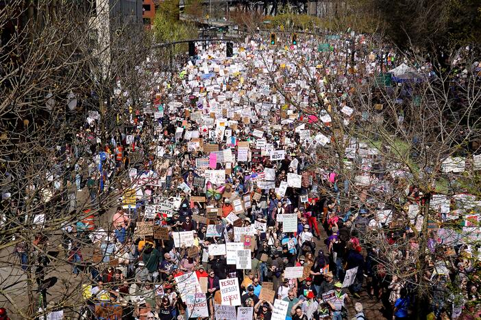 Thousands of protesters march in Portland, Ore., protesting President Trump's administration, April 5, 2025, part of "Hands Off!" protests taking place around the country.