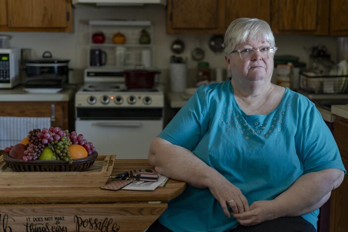 Linda Morgan on March 28 in her sister's apartment at Trinity Woods senior living in Emporia, Va., where they both live. The building's decades-old central air conditioning system died three years ago. "It's terribly hot," said Morgan, who uses six fans and portable coolers to stay comfortable during long summers.