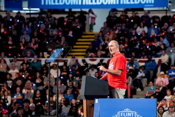 Shawn Fain, president of the United Auto Workers (UAW), during a campaign event with former U.S. Vice President Kamala Harris, in Flint, Mich., on Friday, Oct. 4, 2024.