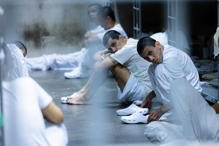 Alleged members of Venezuela's Tren de Aragua gang and MS-13 gang, who were deported to a mega-prison in El Salvador by the U.S. on March 31.