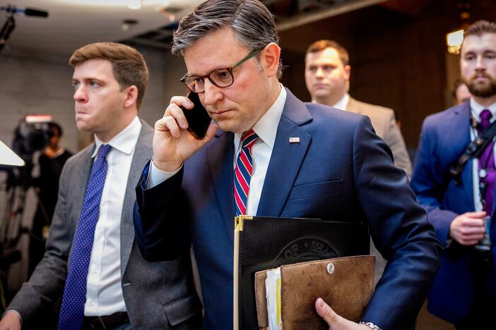 Speaker of the House Rep. Mike Johnson (R-LA) arrives for a House Republican Caucus meeting at the U.S. Capitol on April 8, 2025. (Photo by Andrew Harnik/Getty Images)