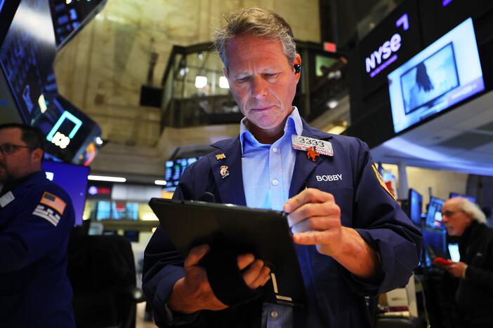 Traders work on the floor of the New York Stock Exchange in New York City during morning trading on April 7, 2025. After falling steeply for three sessions, U.S. stocks rebounded on Tuesday.