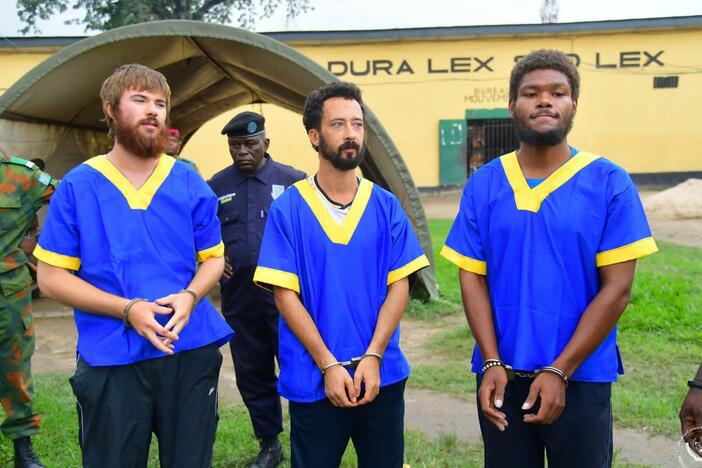 Left to right: Tyler Thompson Jr., Benjamin Reuben Zalman-Polun and Marcel Malanga upon their release from a Congolese prison.