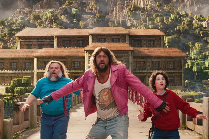 from L to R: Jack Black, Jason Momoa and Sebastian Eugene Hansen star in <em>A Minecraft Movie</em>