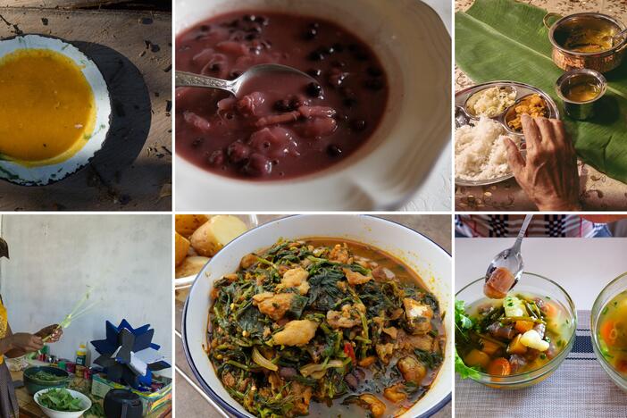 Top row from left: pirão de galina from Brazil, North America, a berry soup from the Salish tribe in North America; an herbal soup popular in the Tamil community in Singapore. Bottown row: a Botswana soup is prepared with a leafy green called Morogo; a Nigerian  waterleaf soup; and a soup from Madagascar made with Zebu organs.