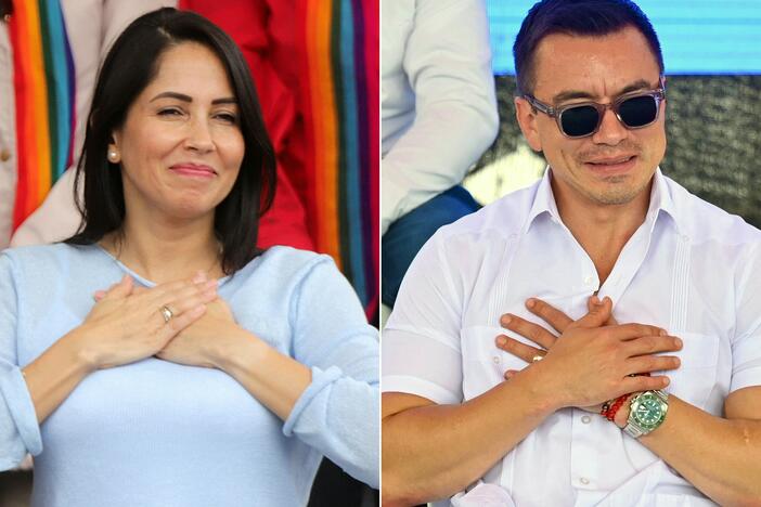 Ecuador's leftist presidential candidate Luisa Gonzalez on the left and Ecuador's president and presidential candidate Daniel Noboa on the right.