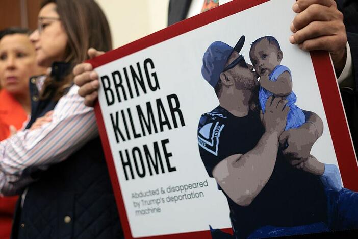 A member of the Congressional Hispanic Caucus holds a picture of Kilmar Abrego Garcia during a news conference to discuss his arrest and deportation on Apr. 9, 2025 in Washington, DC.