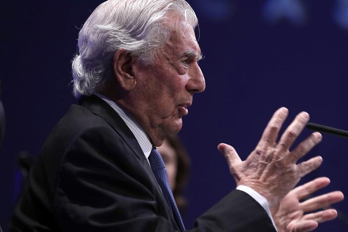 Mario Vargas Llosa speaks at a news conference and presentation of his new book <em>Tiempos recios</em> (<em>Harsh Times</em>) in Madrid, Spain, in 2019.