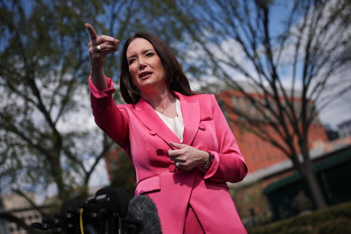 Secretary of Agriculture Brooke Rollins speaks with reporters outside the White House on March 26, 2025.
