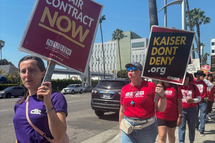 Mental health workers protest outside the Kaiser Permanente Los Angeles Medical Center on a strip of Sunset Blvd. They are heading into their sixth month of striking over wages, benefits and time in between patients.