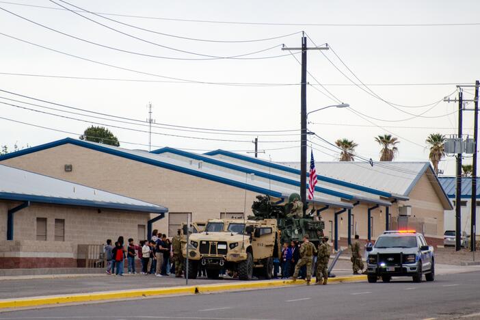 The Army's tactical vehicles on display at an elementary school in the small town of Presidio, Texas. A spokesperson for the Army said the school invited them to help familiarize the community with the Army's presence.