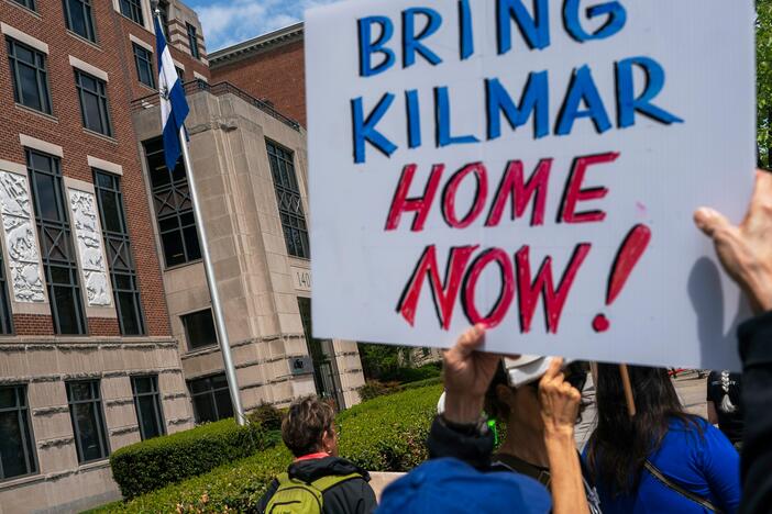 Protestors chant during a demonstration against President Donald Trump's use of El Salvador's Terrorism Confinement Center, or CECOT, prison for people deported from the U.S. for entering the country illegally, outside the Embassy of El Salvador in Washington, Monday, April 14, 2025.