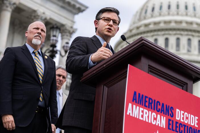 Speaker of the House Mike Johnson (R-La.), Rep. Chip Roy (R-Texas) (left), and Ken Cuccinelli (background), former attorney general of Virginia, hold a news conference on the House steps of the U.S. Capitol to introduce the "Safeguard American Voter Eligibility (SAVE) Act," which would mandate proof of U.S. citizenship for voter registration in federal elections, on Wednesday, May 8, 2024.