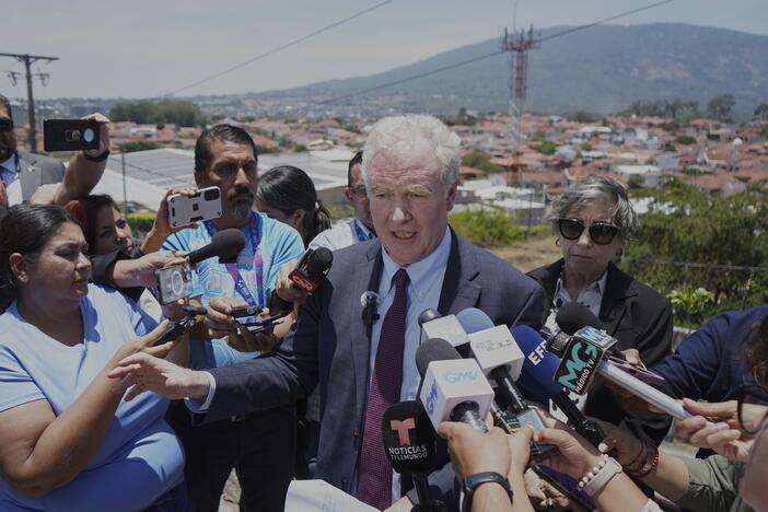 Maryland Sen. Chris Van Hollen speaks to the press in La Libertad, El Salvador, during his trip to lobby for the release of deported Maryland resident Kilmar Abrego Garcia.