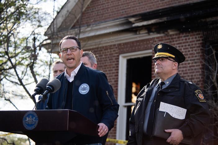 Pennsylvania Gov. Josh Shapiro speaks during a press conference outside the governor's residence in Harrisburg after a Sunday morning arson attack.
