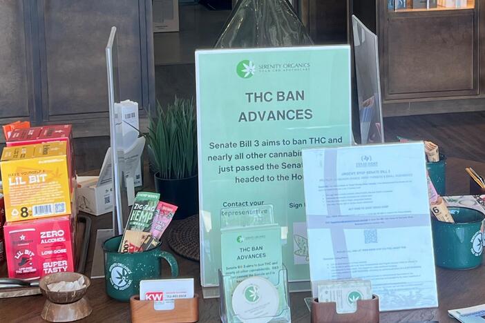 At a store selling hemp products outside of Houston, Texas, a sign notifies customers that the state Legislature might be passing a ban on most consumables containing THC.