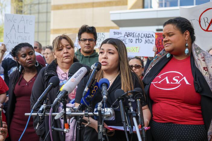 Jennifer Vasquez Sura, the wife of Kilmar Abrego Garcia, who was mistakenly deported to El Salvador, speaks to the media before she enters federal court on April 15, 2025 in Greenbelt, Md.