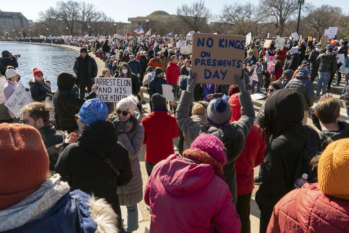 People take part in the "No Kings Day" protest on Presidents Day in Washington, D.C., in support of federal workers and against recent actions by President Trump and Elon Musk, on Feb. 17. The protest was organized by the 50501 Movement.