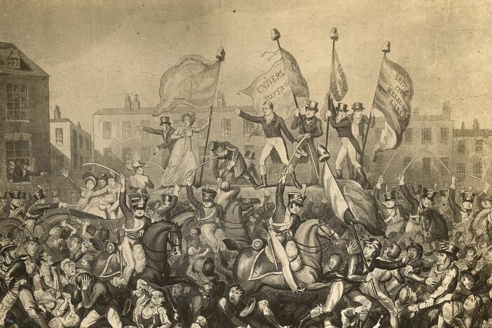 British forces charge crowds during bread riots in Manchester, England, in 1819. The event became known as the Peterloo Massacre, when troops were ordered to disperse the crowds.