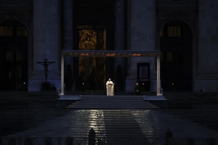 Pope Francis delivers the Urbi and Orbi prayer in an empty St. Peter's Square, at the Vatican on March 27, 2020.