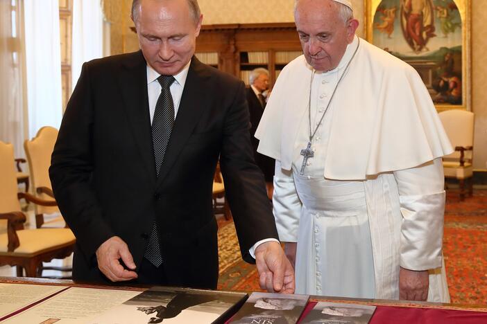 Pope Francis meets with the President of the Russian Federation Vladimir Putin in the Apostolic Palace in Vatican City in July 2019.
